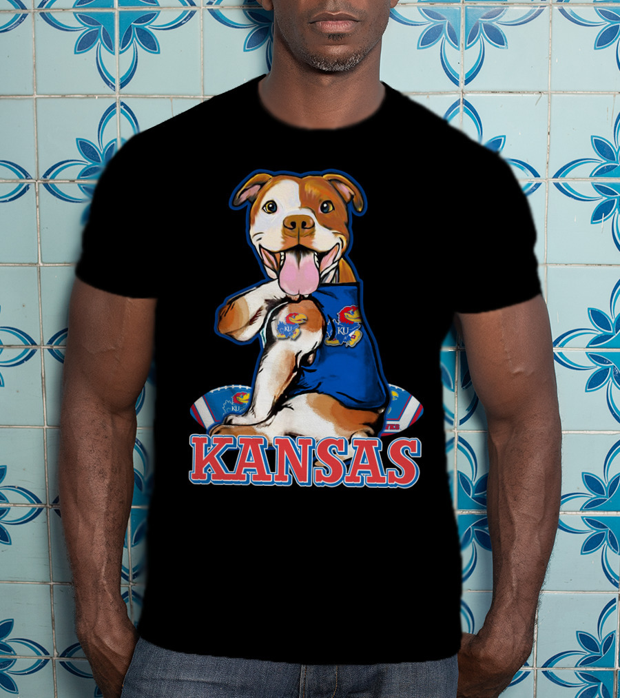 Kansas Pitbull Mascot With Jayhawks Football T-Shirt