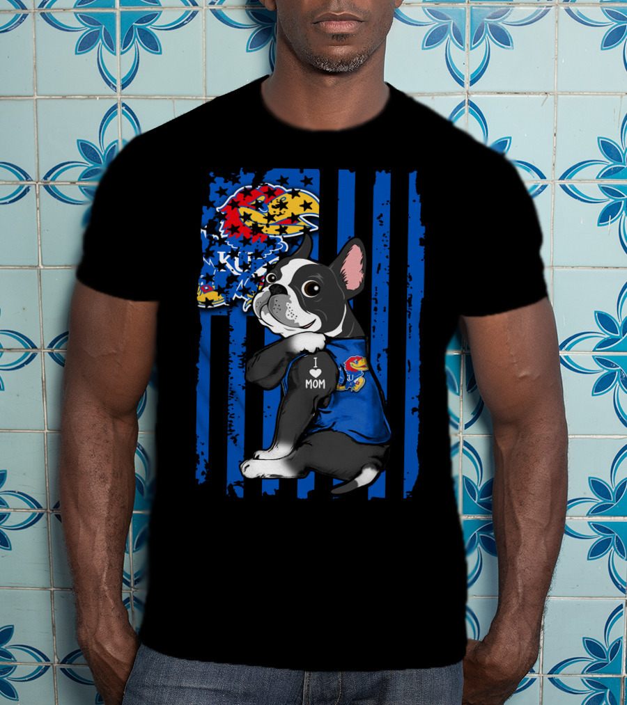 Boston Terrier I Love Mom Kansas Jayhawks KU Logo Blue Stripes T-Shirt