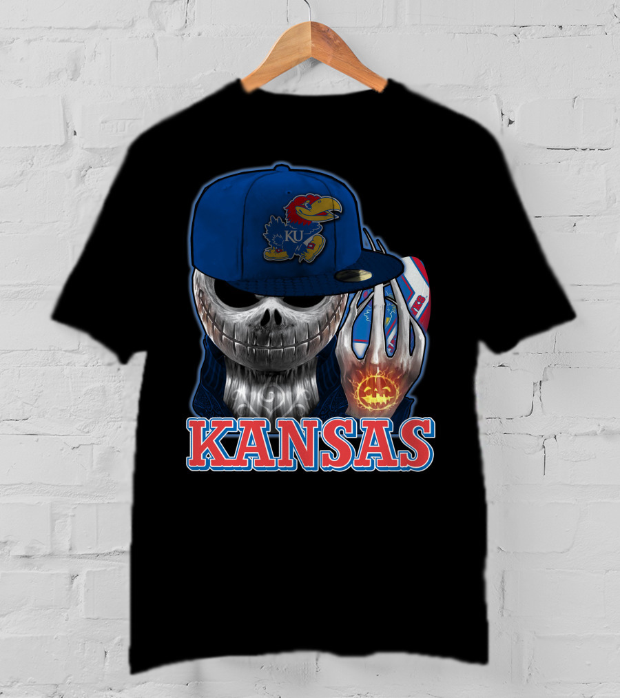 Kansas Jayhawks Skull Halloween Pumpkin Blue Cap T-Shirt