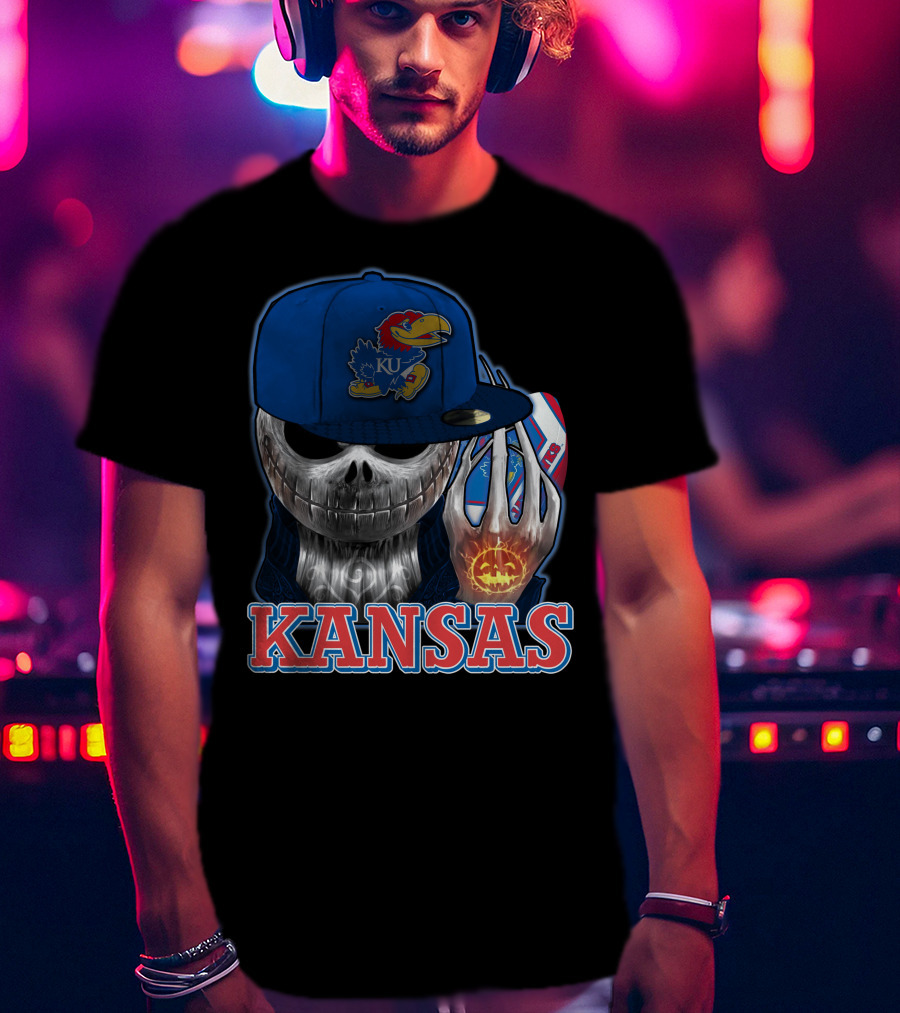 Kansas Jayhawks Skull Halloween Pumpkin Blue Cap T-Shirt