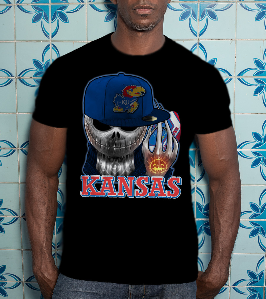 Kansas Jayhawks Skull Halloween Pumpkin Blue Cap T-Shirt