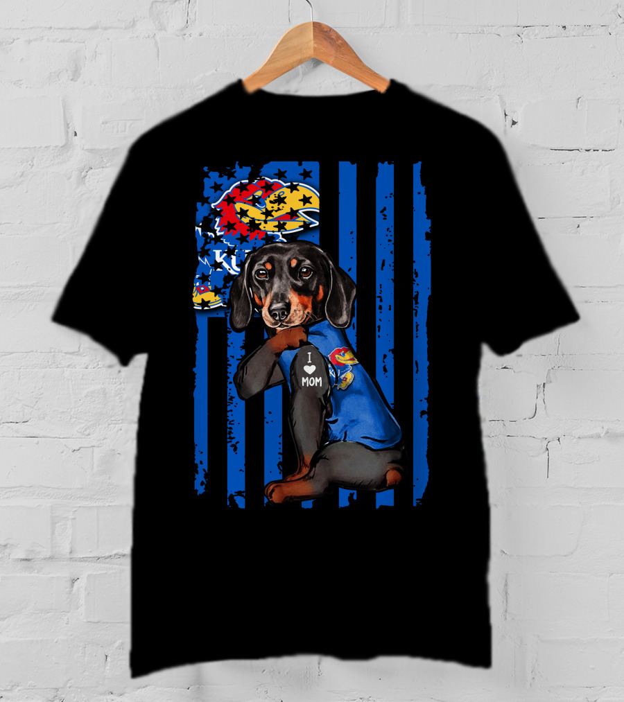 Dachshund I Love Mom Kansas Jayhawks Blue Stripes T-Shirt