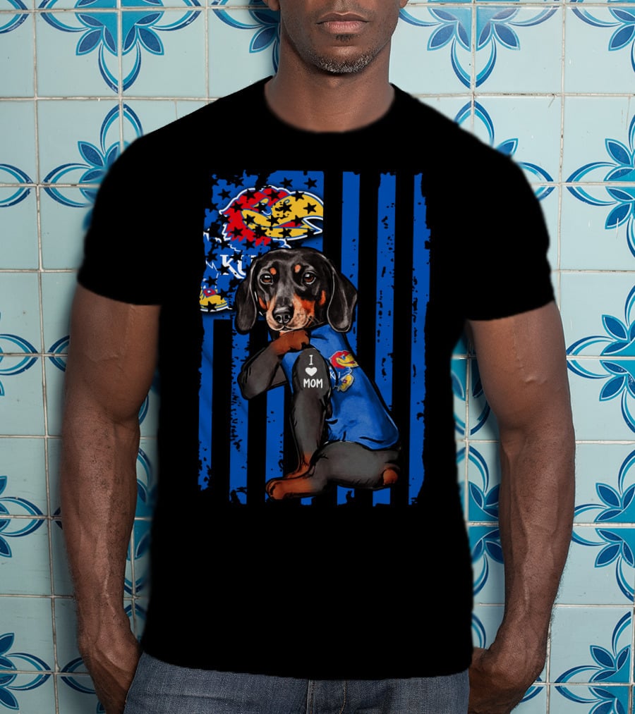 Dachshund I Love Mom Kansas Jayhawks Blue Stripes T-Shirt