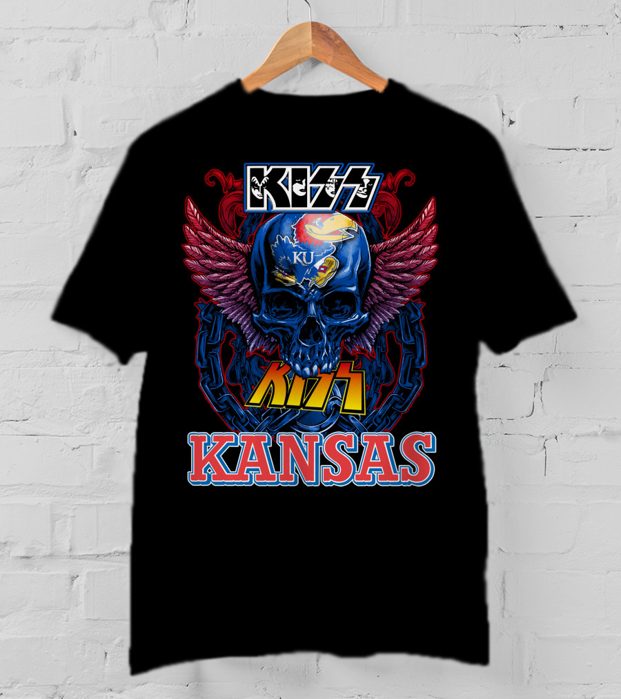 KISS Kansas Jayhawks Skull KU Winged Logo Chains T-Shirt
