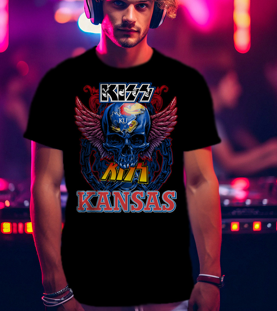 KISS Kansas Jayhawks Skull KU Winged Logo Chains T-Shirt