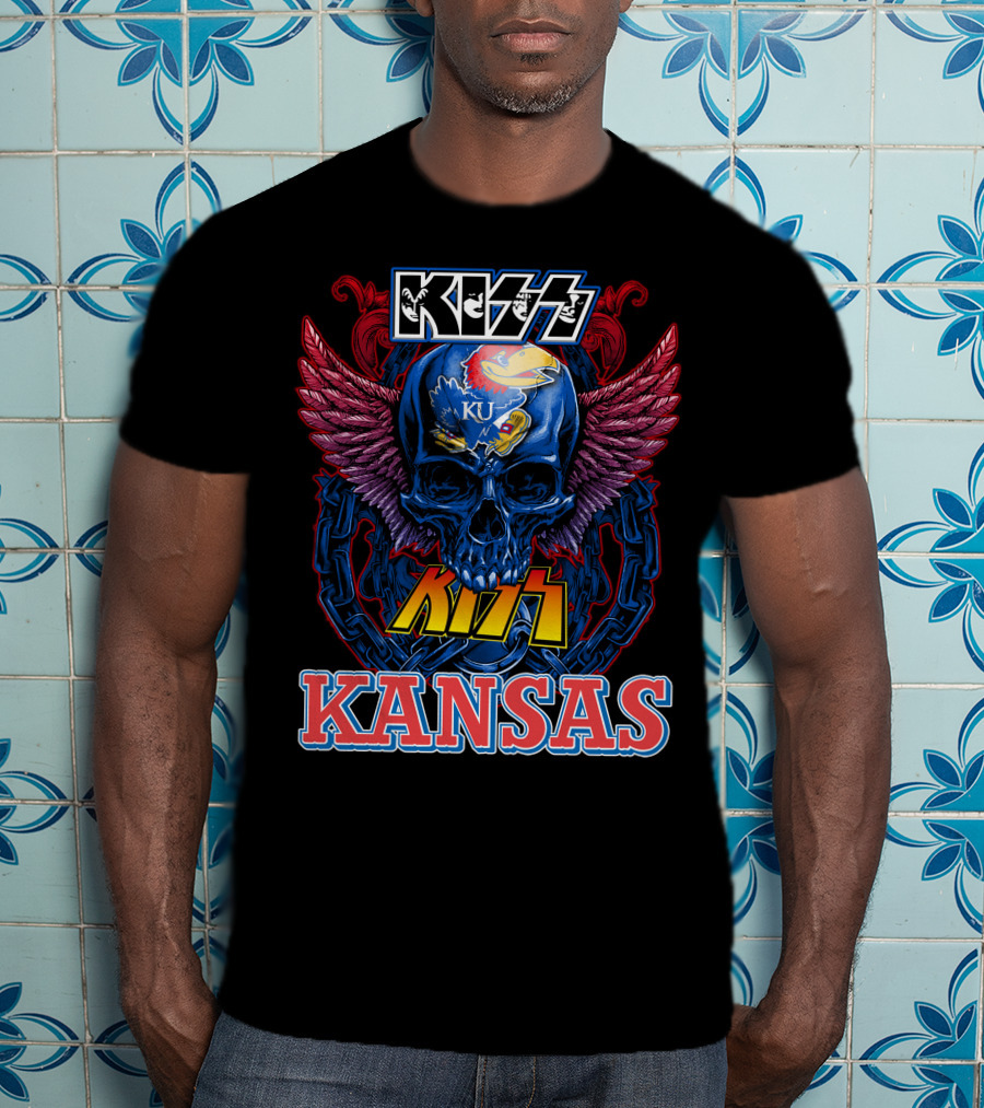 KISS Kansas Jayhawks Skull KU Winged Logo Chains T-Shirt
