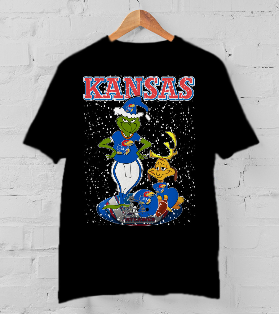Kansas Grinchxmas Jayhawks KU Snowy Football Holiday T-Shirt