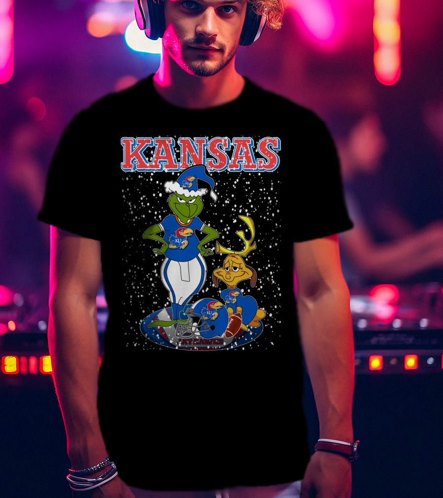 Kansas Grinchxmas Jayhawks KU Snowy Football Holiday T-Shirt