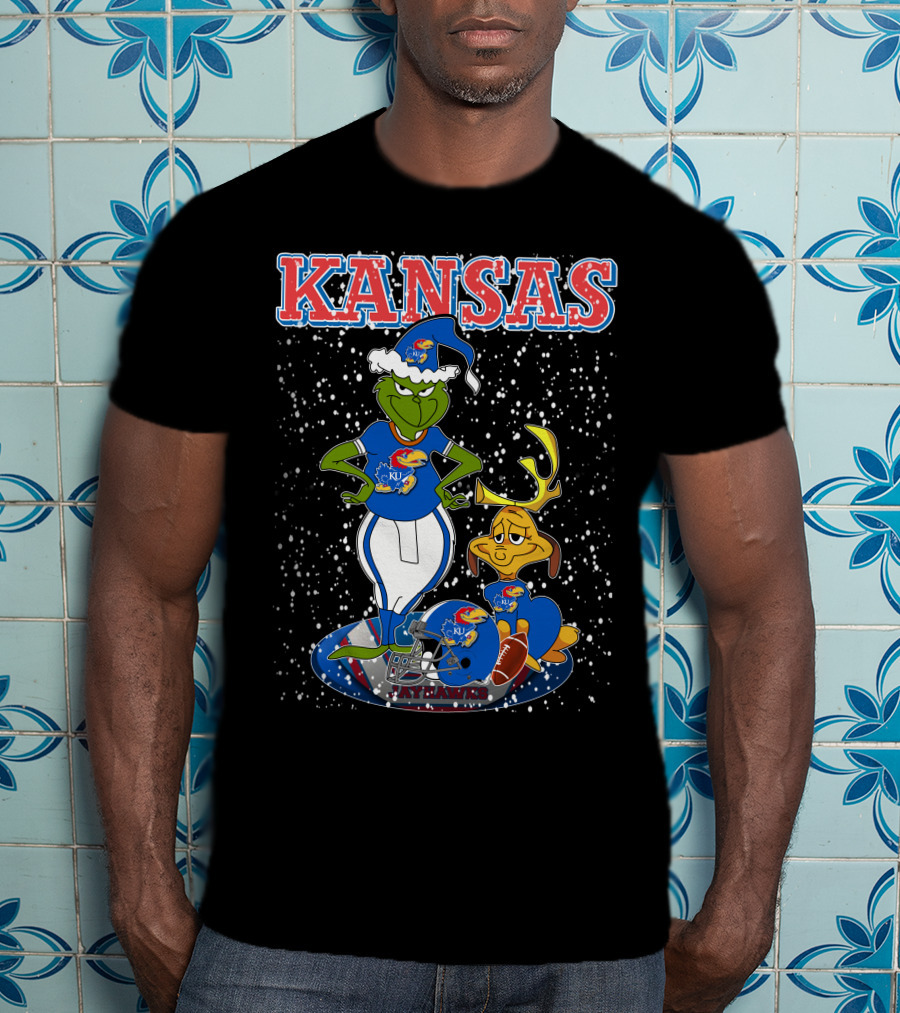 Kansas Grinchxmas Jayhawks KU Snowy Football Holiday T-Shirt