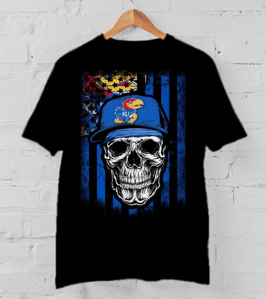 Skull Kansas Jayhawks KU Logo Hat Blue And Red Stripes T-Shirt
