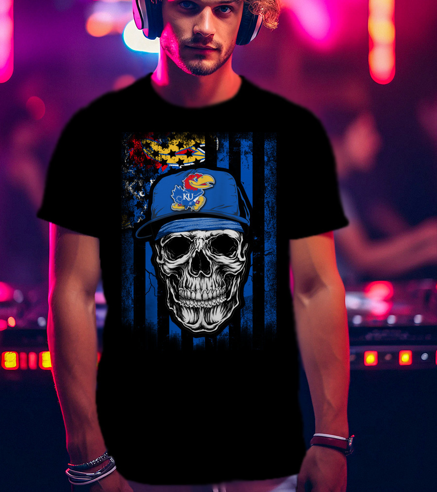 Skull Kansas Jayhawks KU Logo Hat Blue And Red Stripes T-Shirt