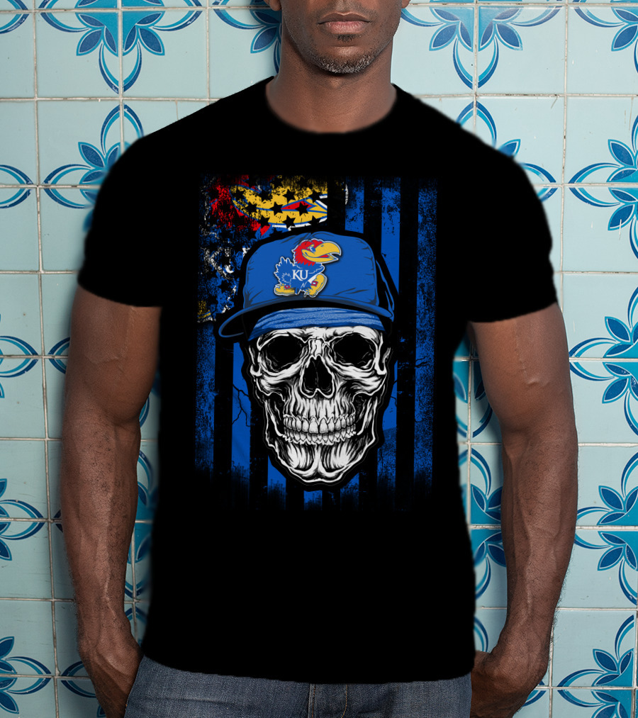 Skull Kansas Jayhawks KU Logo Hat Blue And Red Stripes T-Shirt
