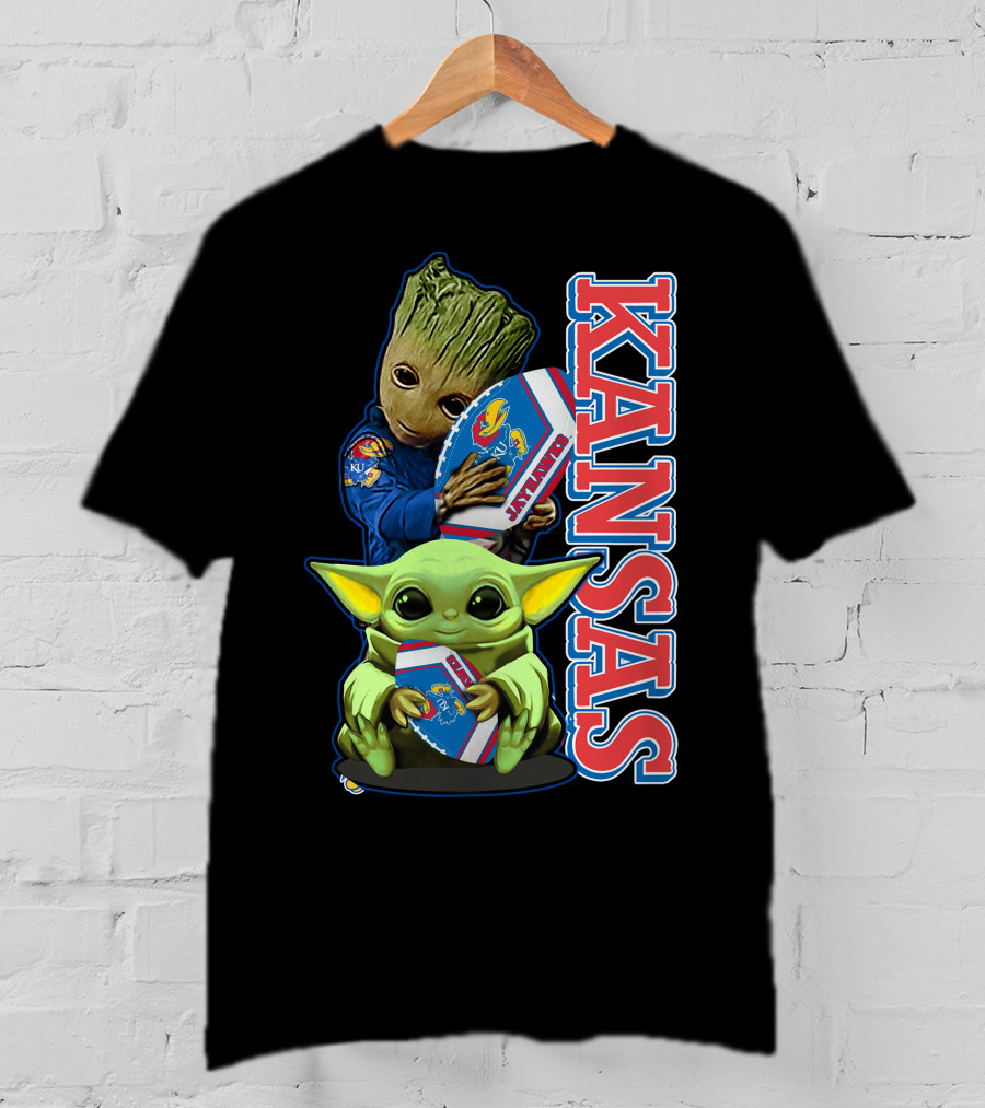 Kansas Jayhawks Groot Baby Yoda Football Hug T-Shirt