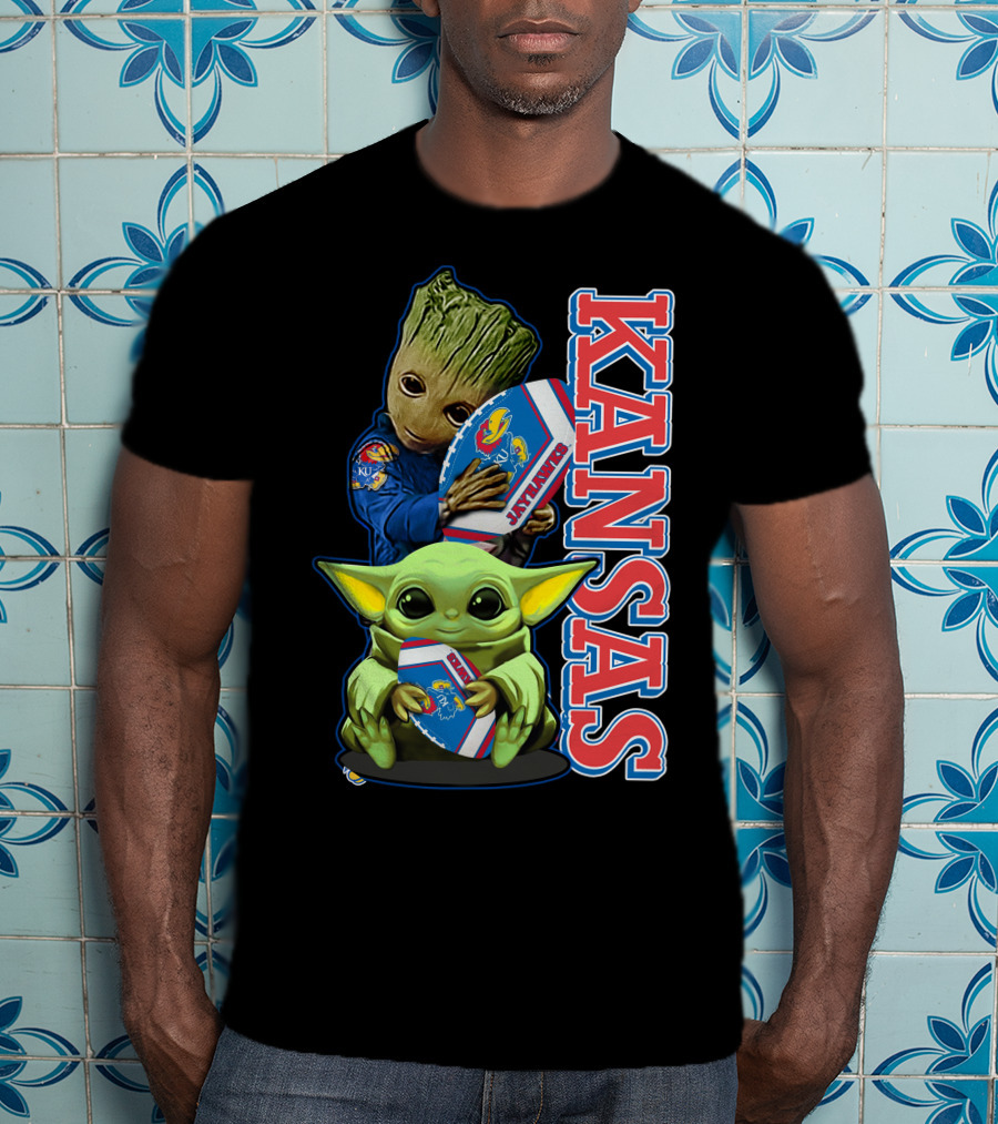 Kansas Jayhawks Groot Baby Yoda Football Hug T-Shirt