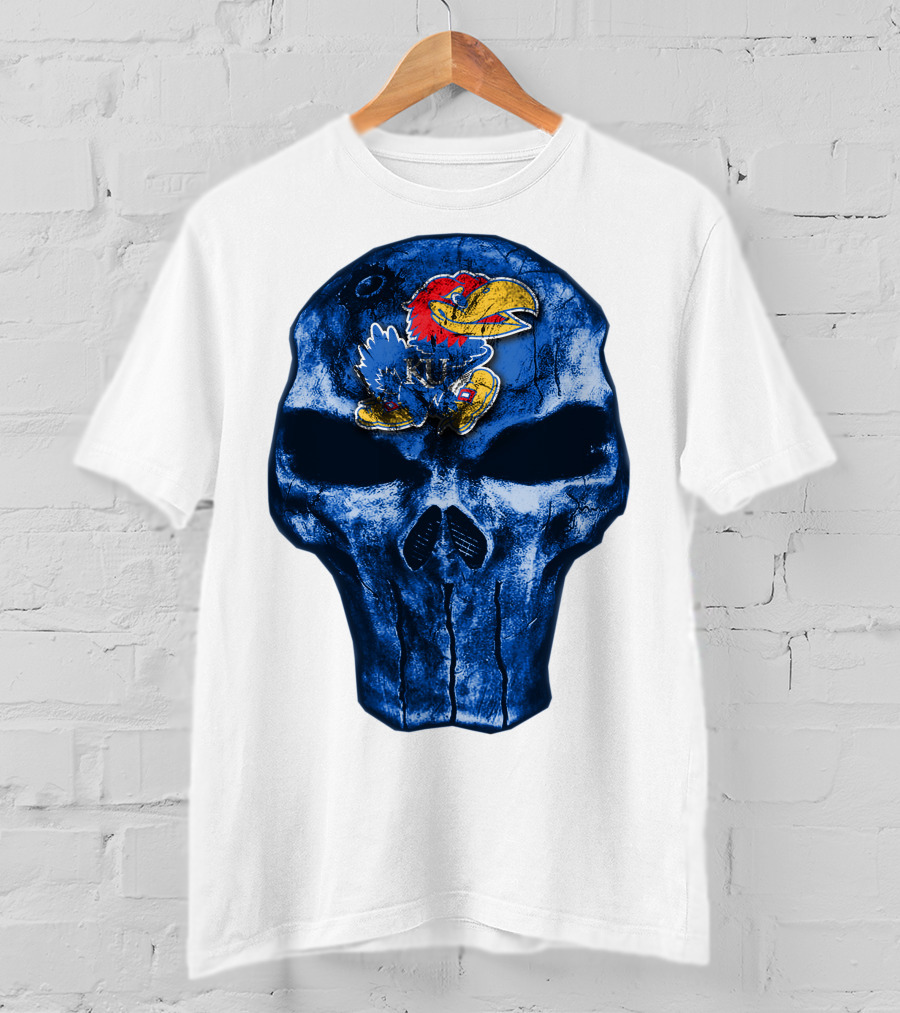 Kansas Jayhawks Logo On Blue Skull T-Shirt