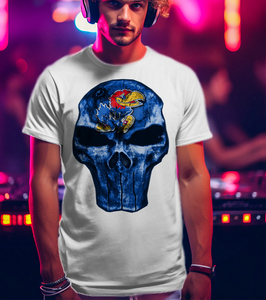 Kansas Jayhawks Logo On Blue Skull T-Shirt