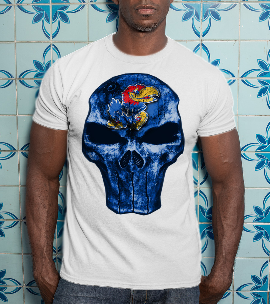 Kansas Jayhawks Logo On Blue Skull T-Shirt