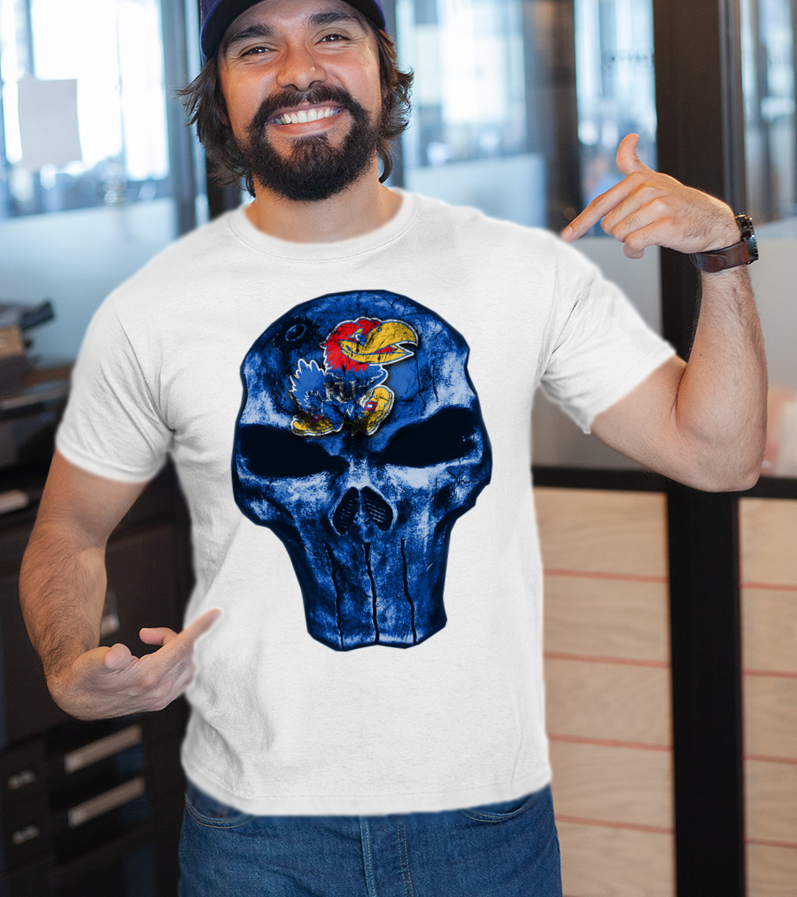 Kansas Jayhawks Logo On Blue Skull T-Shirt