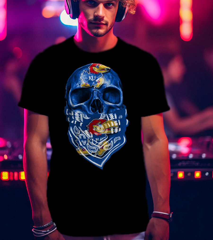 Kansas Jayhawks Skull With KU Bandana T-Shirt