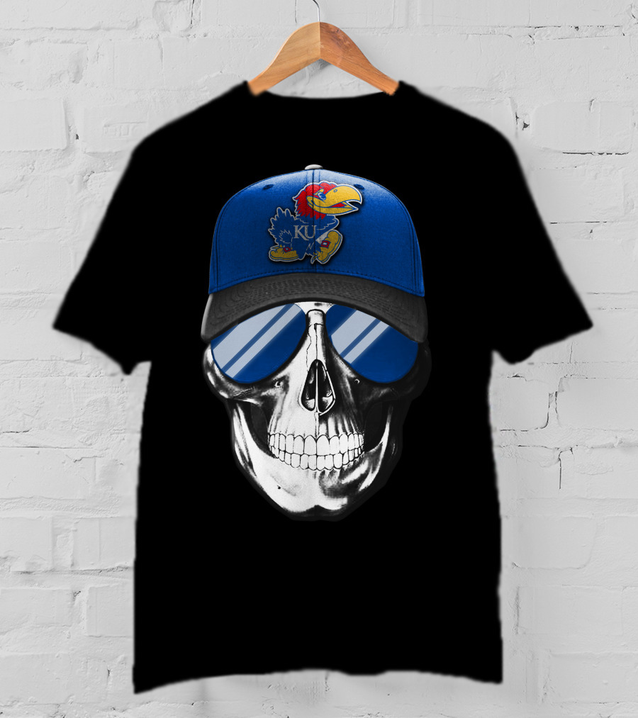 Kansas Jayhawks Skull With Blue Cap And Sunglasses T-Shirt