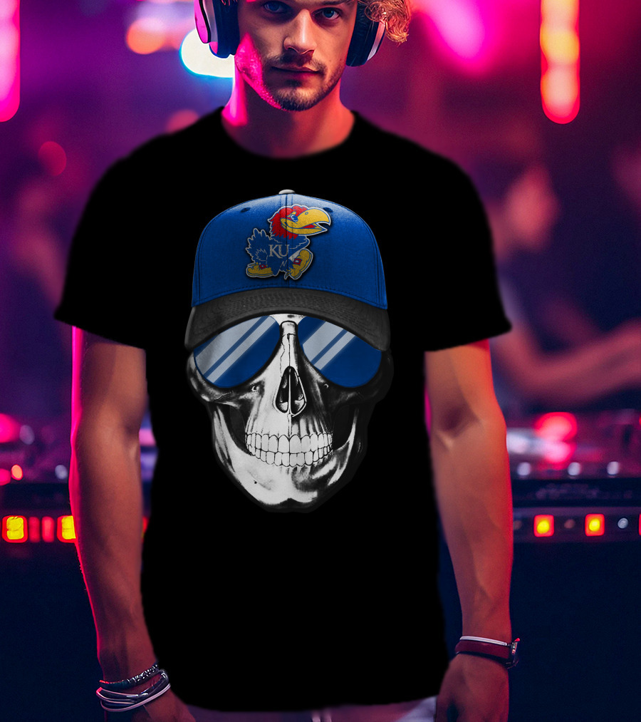 Kansas Jayhawks Skull With Blue Cap And Sunglasses T-Shirt