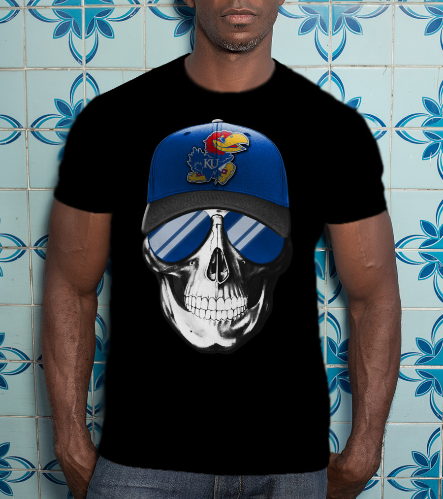 Kansas Jayhawks Skull With Blue Cap And Sunglasses T-Shirt