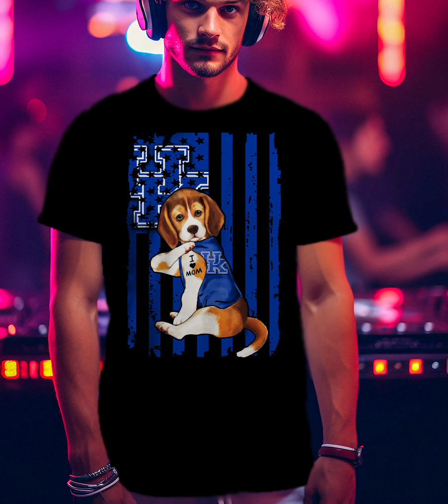 Beagle I Love Mom Kentucky Wildcats Blue Stars Stripes T-Shirt