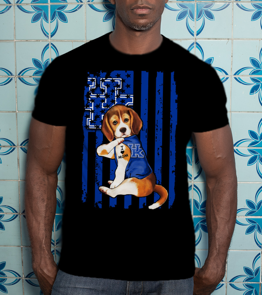 Beagle I Love Mom Kentucky Wildcats Blue Stars Stripes T-Shirt