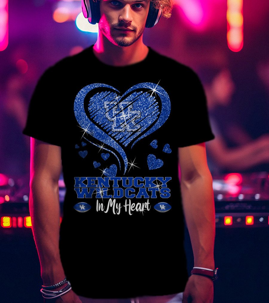 Kentucky Wildcats UK Logo In My Heart With Glittering Blue Hearts T-Shirt