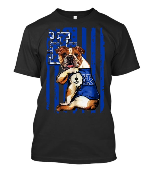 Bulldog Wearing Kentucky Wildcats Blue Jersey American Flag Background T-Shirt