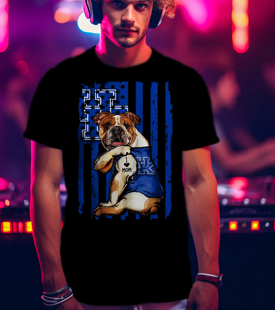 Bulldog Wearing Kentucky Wildcats Blue Jersey American Flag Background T-Shirt