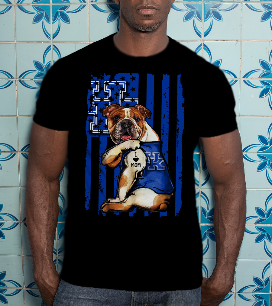 Bulldog Wearing Kentucky Wildcats Blue Jersey American Flag Background T-Shirt