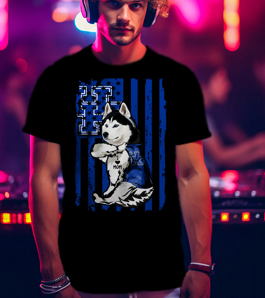 Siberian Husky I Love Mom Kentucky Wildcats Blue Flag T-Shirt