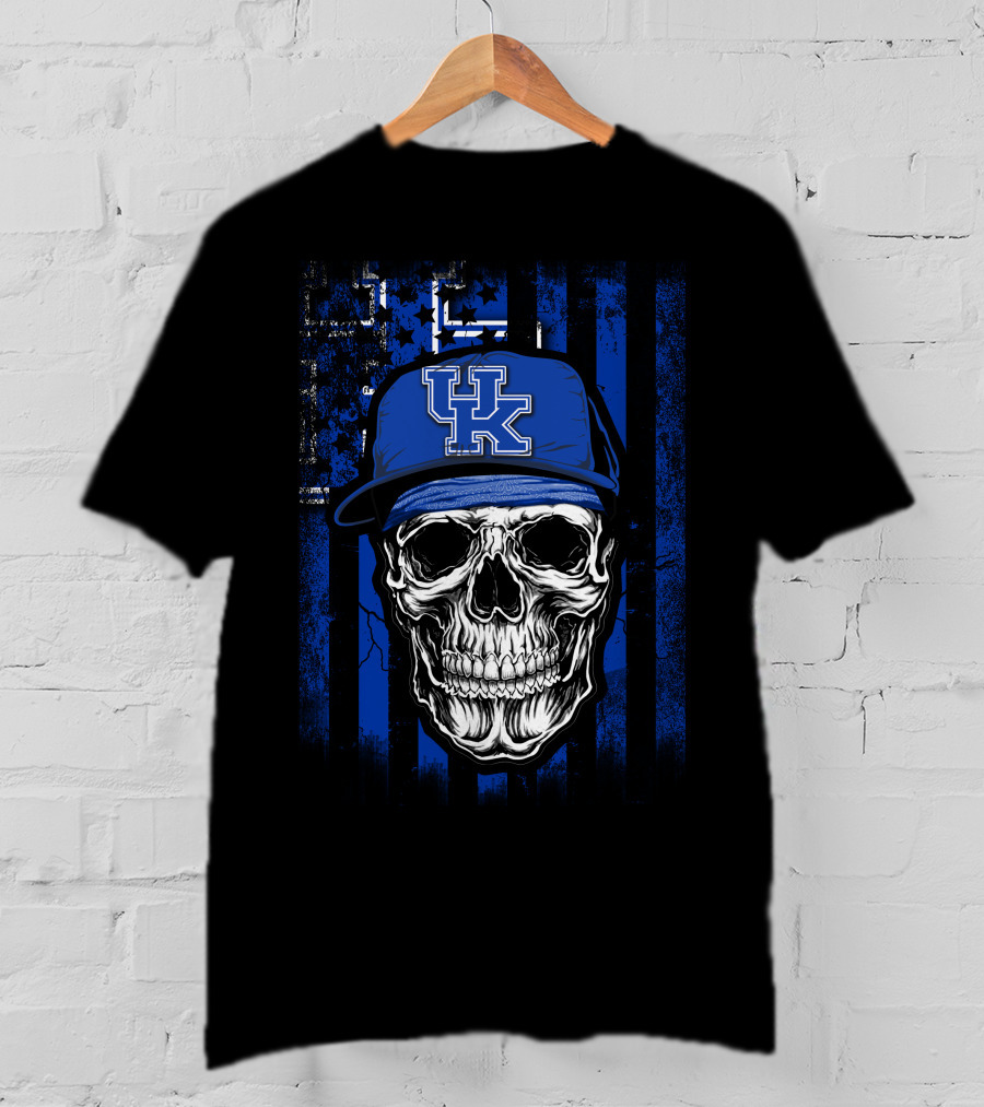 Kentucky Wildcats Skull With Blue Hat And Stripes T-Shirt