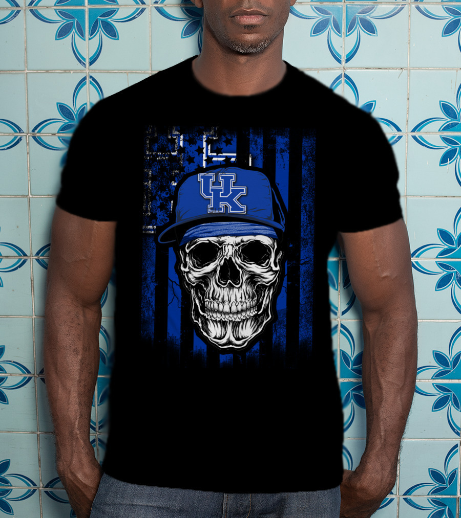Kentucky Wildcats Skull With Blue Hat And Stripes T-Shirt
