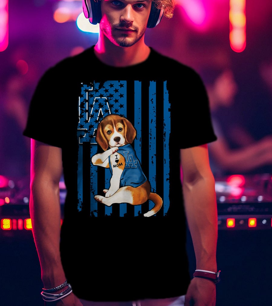 Beagle Wearing Los Angeles Dodgers Shirt With Tattoo I Love Mom T-Shirt