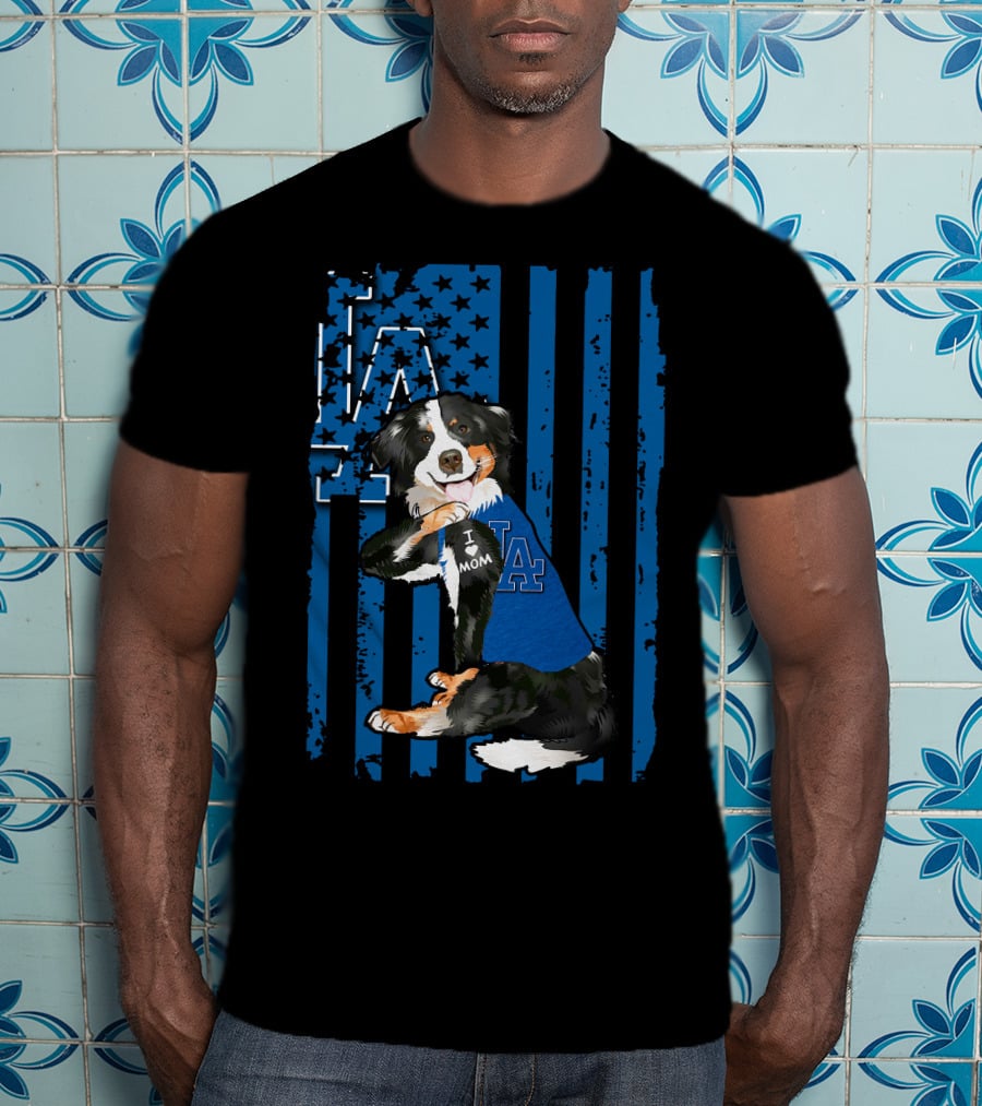 Border Collie I Love Mom Los Angeles Dodgers Blue Flag T-Shirt