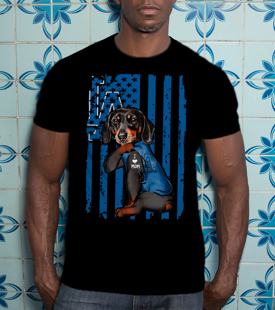 Dachshund I Love Mom LA Dodgers American Flag T-Shirt