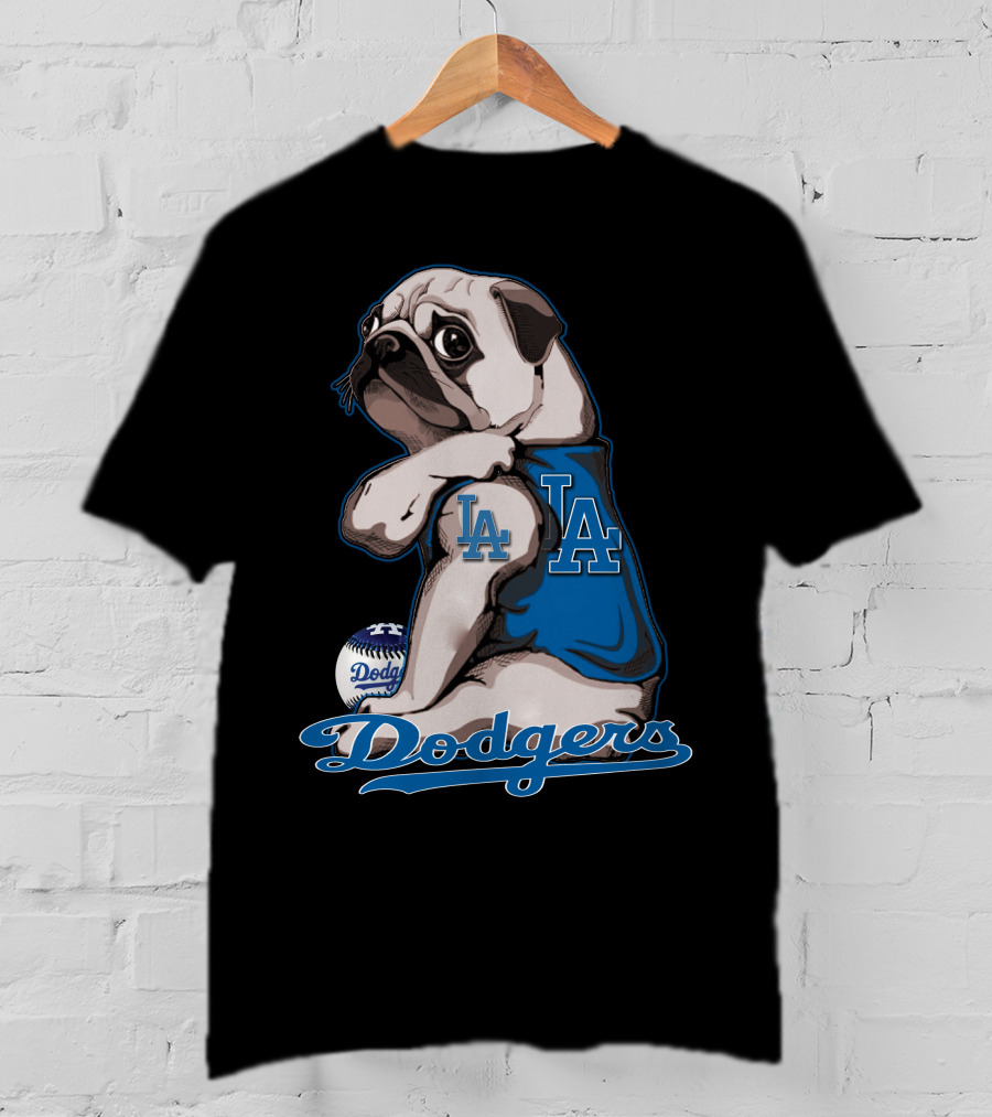Pug Los Angeles Dodgers Mascot With Baseball And LA Insignia T-Shirt
