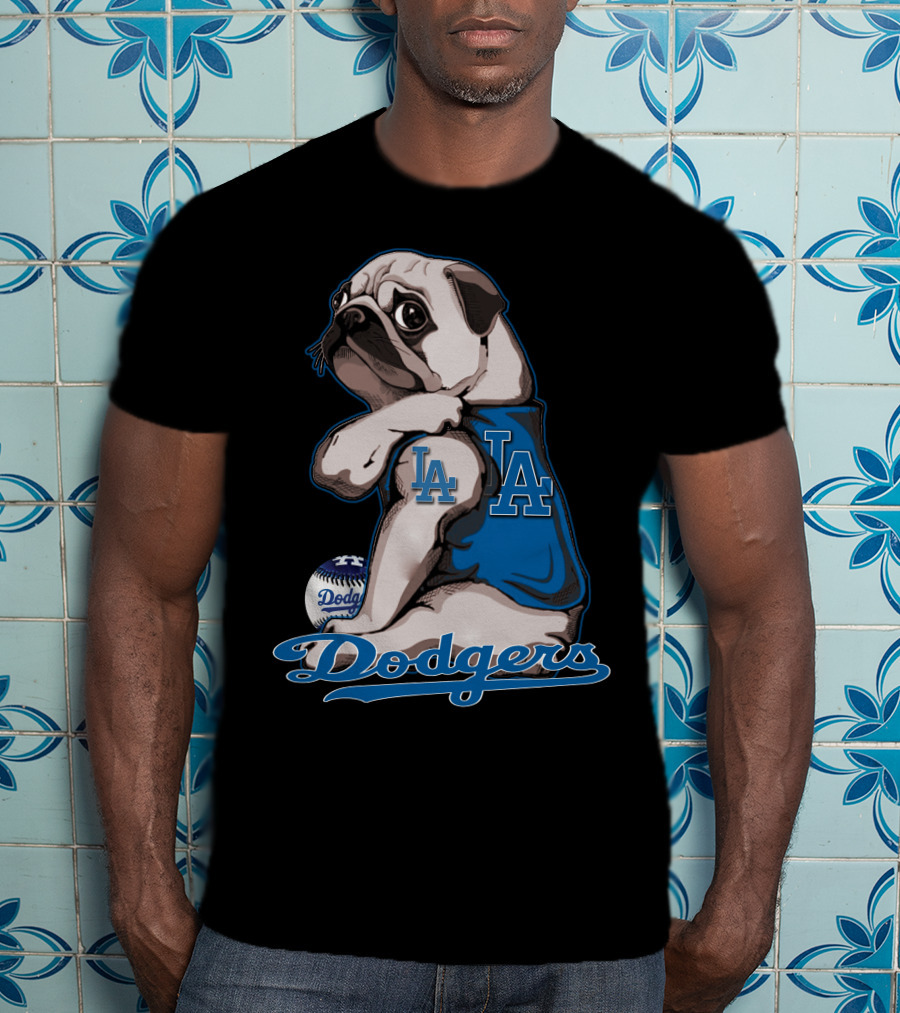 Pug Los Angeles Dodgers Mascot With Baseball And LA Insignia T-Shirt