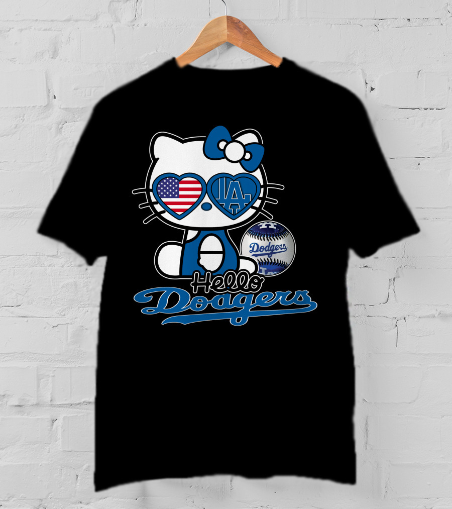 Hello Kitty Dodgers Los Angeles Baseball Heart USA Flag T-Shirt