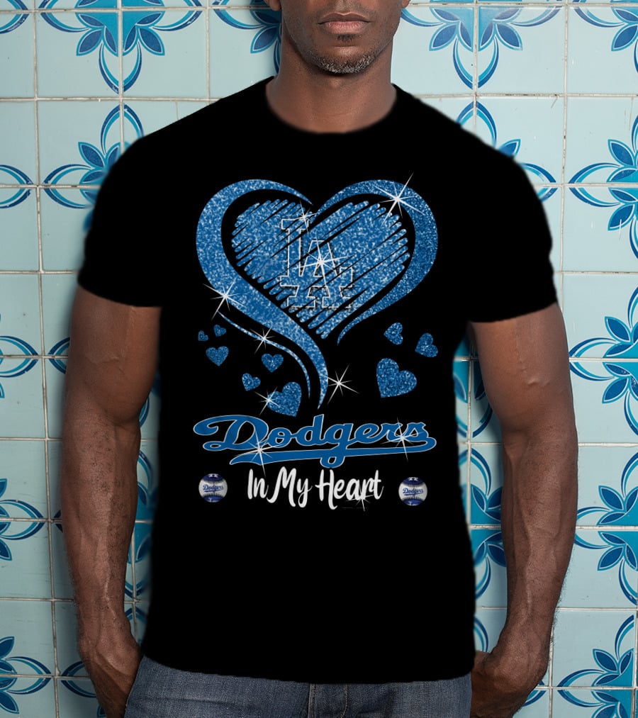In My Heart Dodgers LA Sparkle Blue Hearts T-Shirt