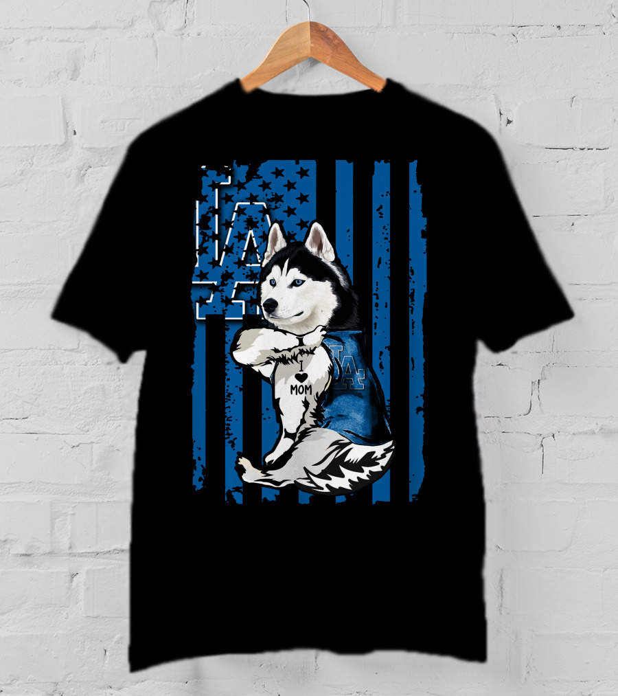 Siberian Husky LA Dodgers Blue American Flag Mom Tattoo T-Shirt