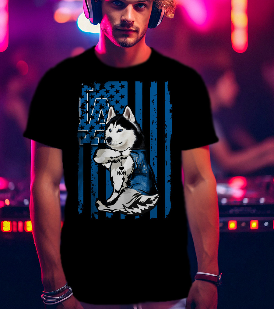 Siberian Husky LA Dodgers Blue American Flag Mom Tattoo T-Shirt