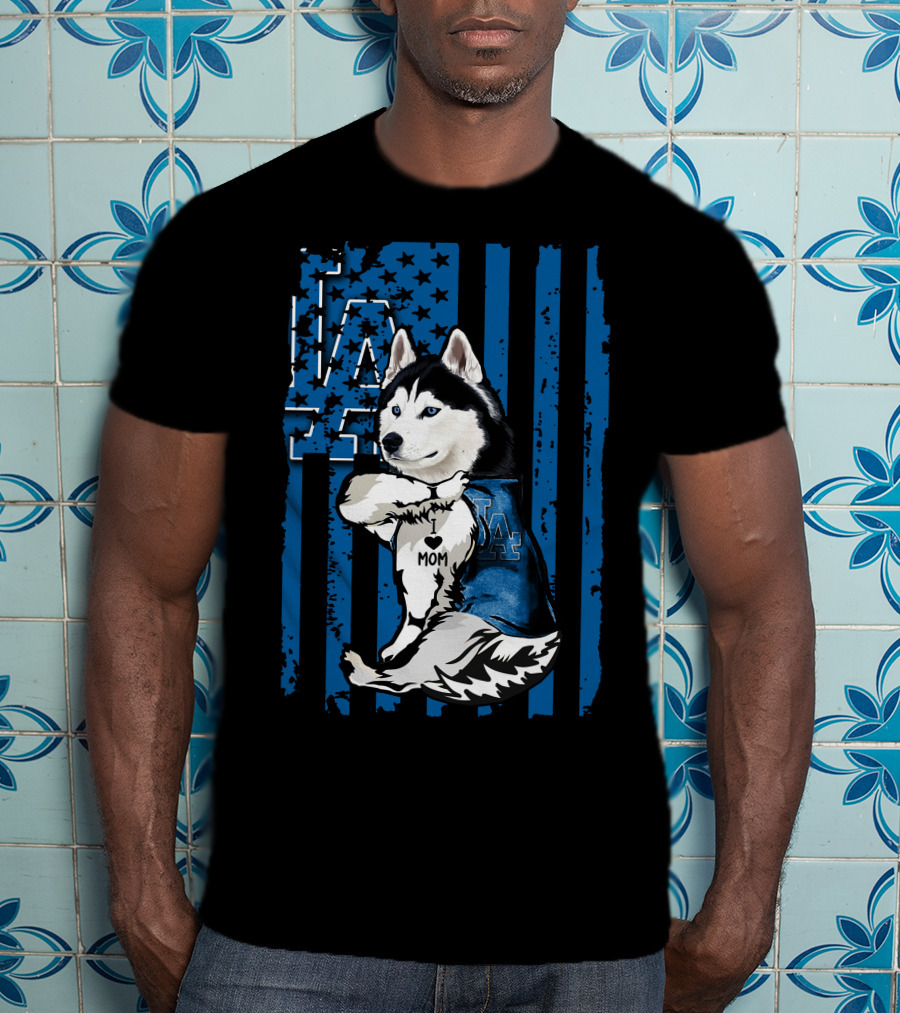 Siberian Husky LA Dodgers Blue American Flag Mom Tattoo T-Shirt