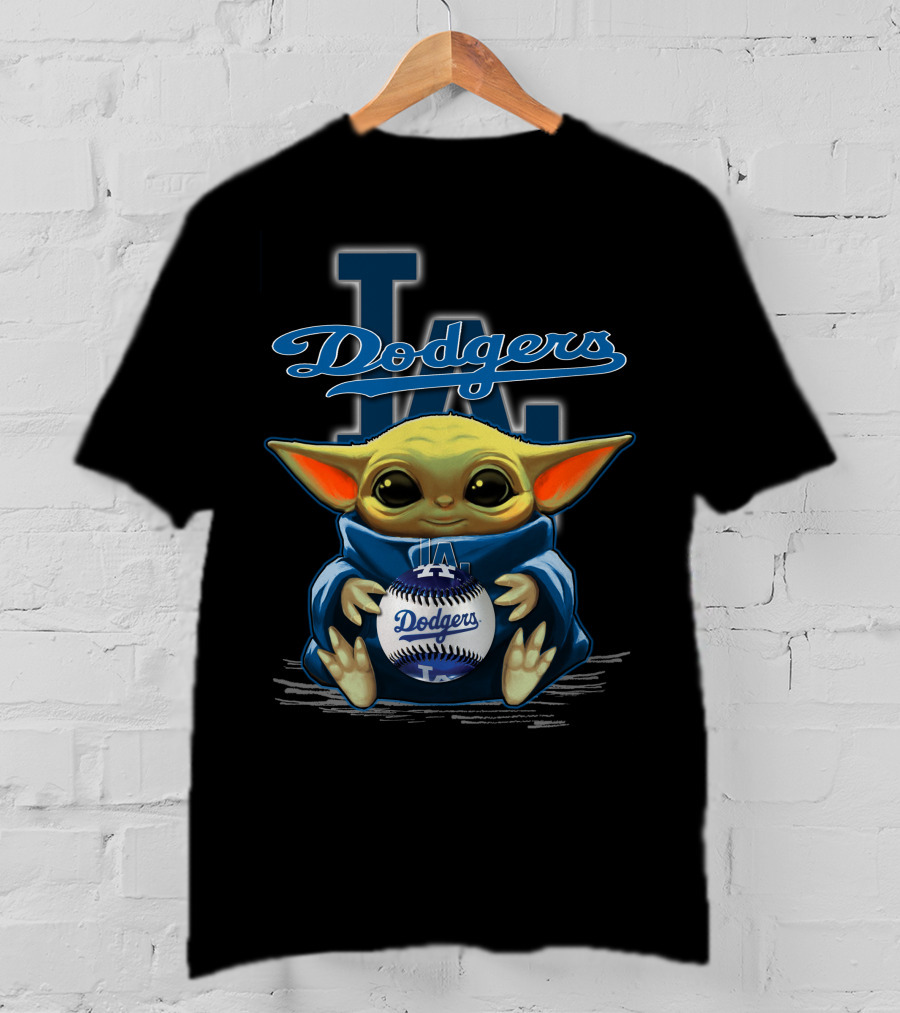 Yoda Holding Dodgers Baseball With Los Angeles Dodgers Logo Background T-Shirt