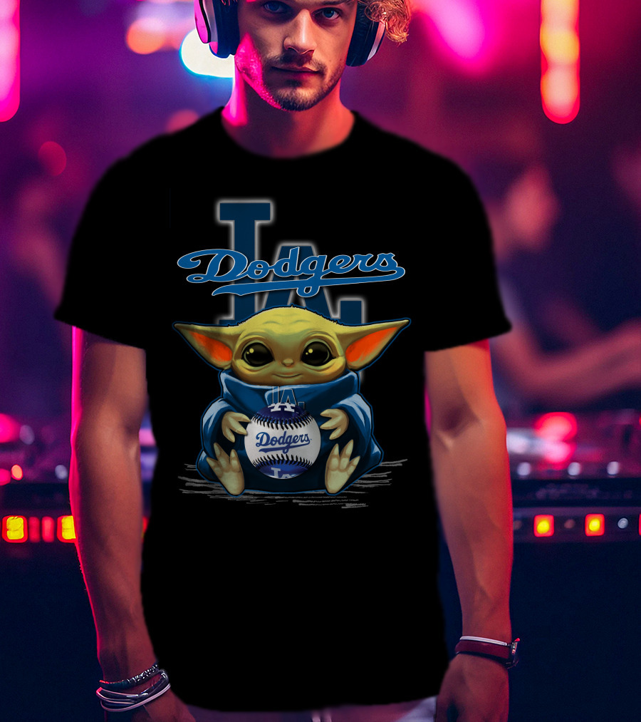 Yoda Holding Dodgers Baseball With Los Angeles Dodgers Logo Background T-Shirt