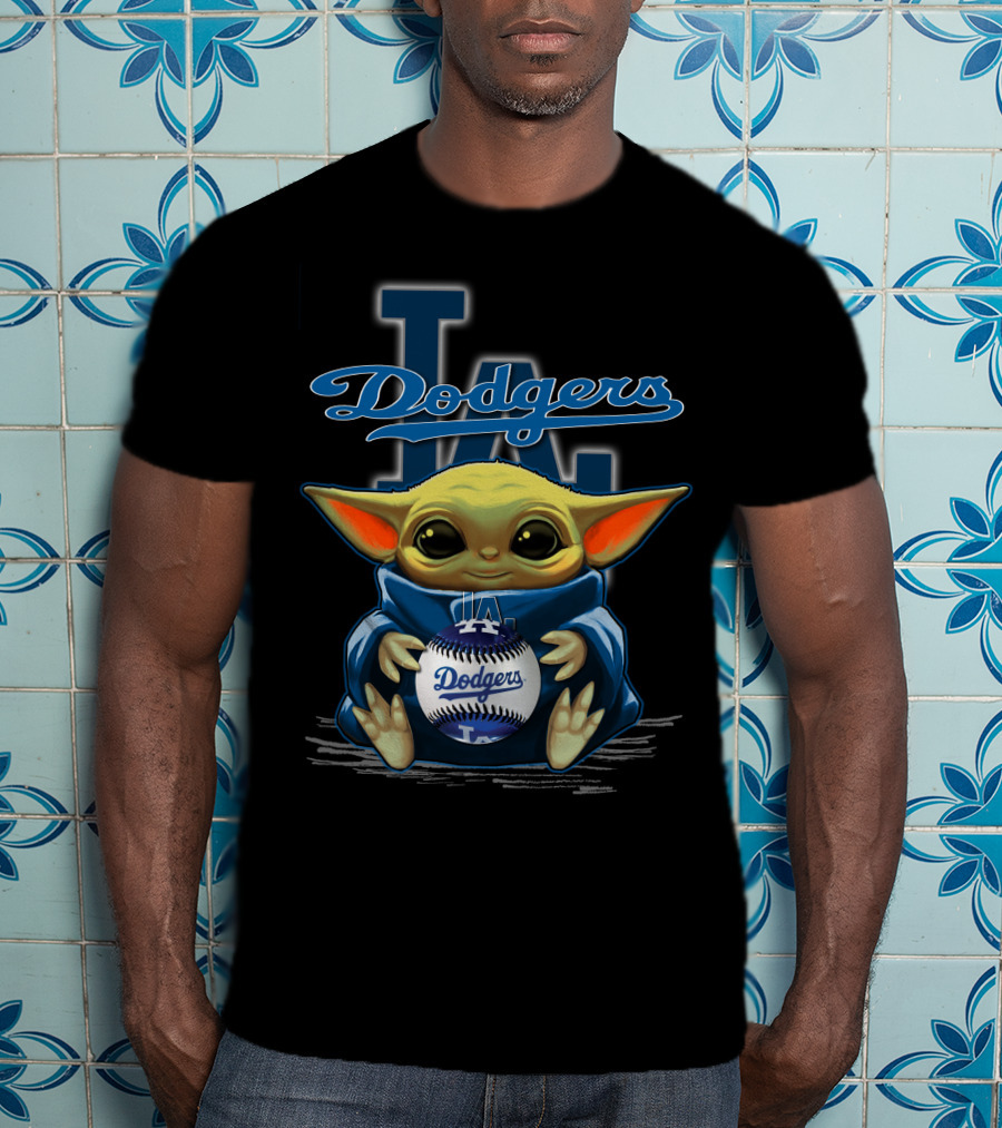 Yoda Holding Dodgers Baseball With Los Angeles Dodgers Logo Background T-Shirt