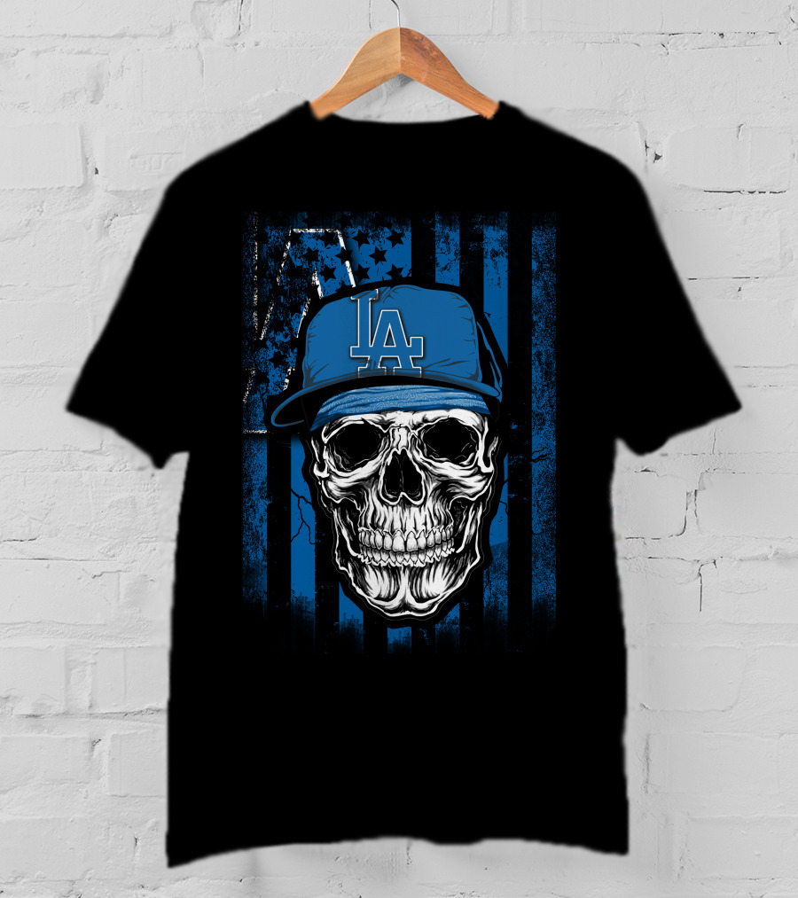 Skull Los Angeles Dodgers Baseball Cap Blue Stripes Stars T-Shirt