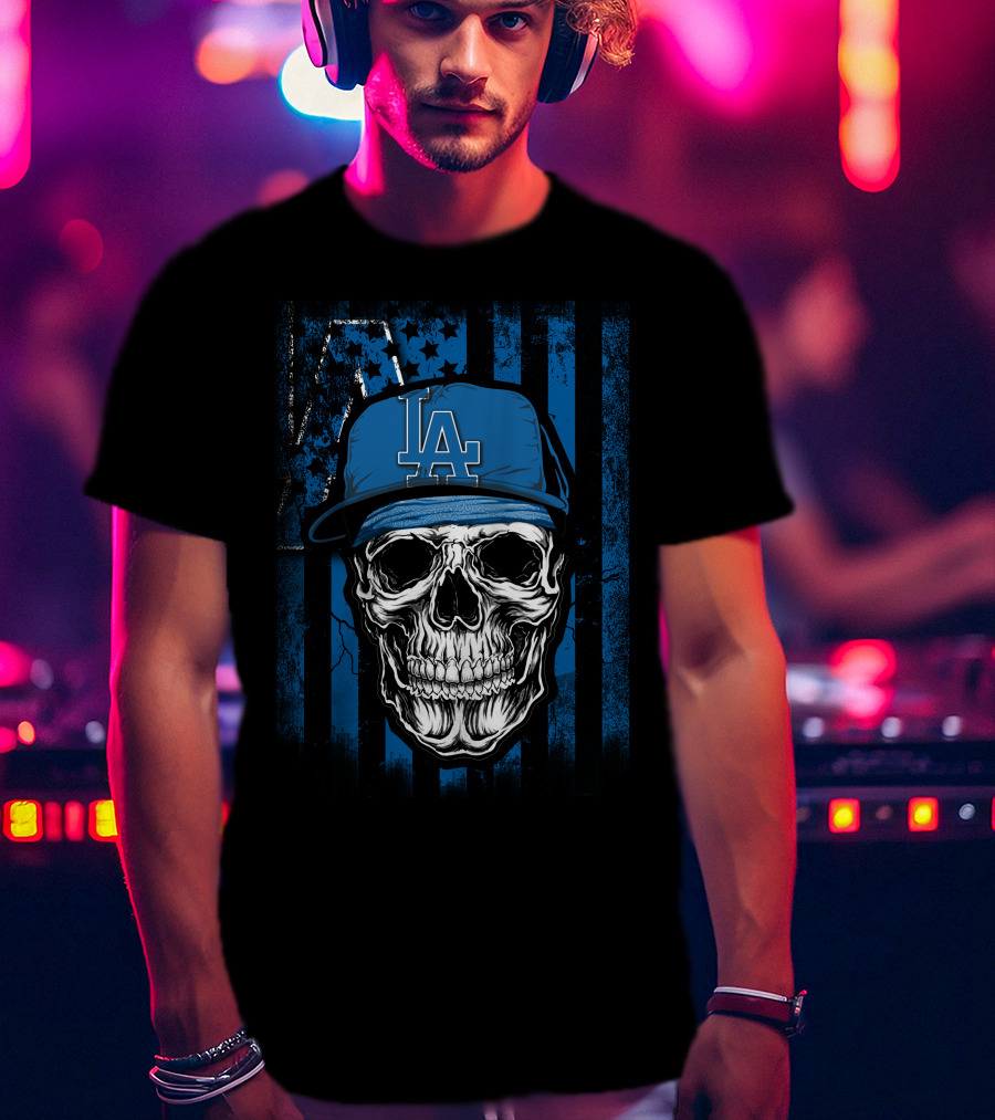 Skull Los Angeles Dodgers Baseball Cap Blue Stripes Stars T-Shirt